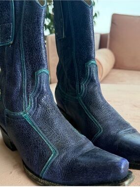 Old Gringo Navy Blue Leather Cowboy Boots with Teal Stitching